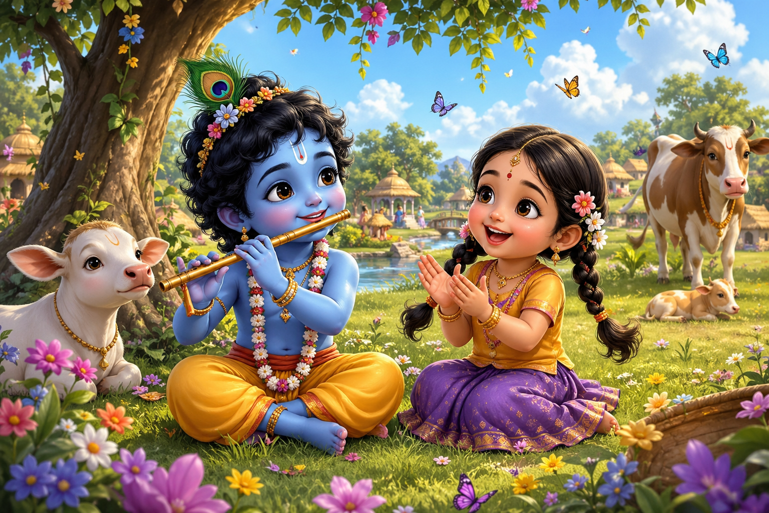 Child Radha and Krishna playing in village setting with flute flowers cows and bright cheerful colors